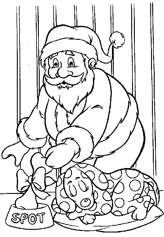 Kolorowanka Święty Mikołaj zostawia prezent kość psu na święta do miski