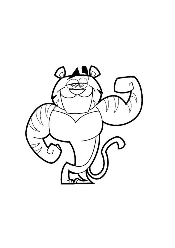 Kolorowanka tygrys stoi na dwóch łapach i napina biceps unosząc swoją prawą brew do góry