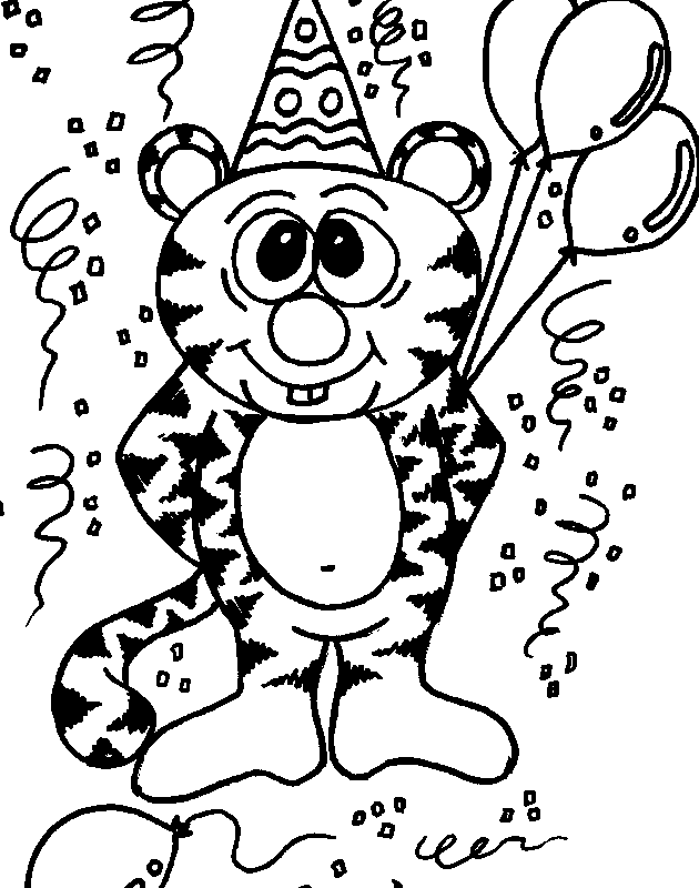 Kolorowanka tygrysy - tygrys stoi na dwóch łapach na imprezie urodzinowej z balonami