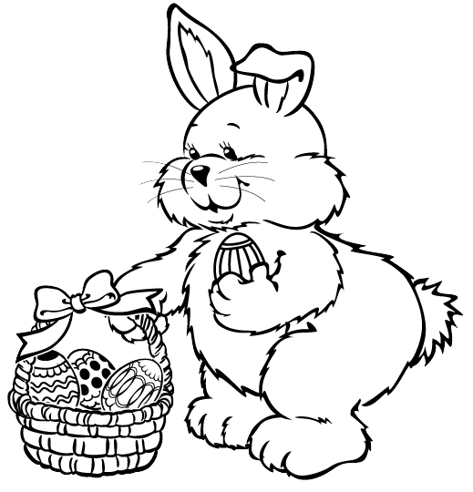 Kolorowanka Wielkanocna duży gruby zając wielkanocny podkrada pisanki z koszyczka świątecznego