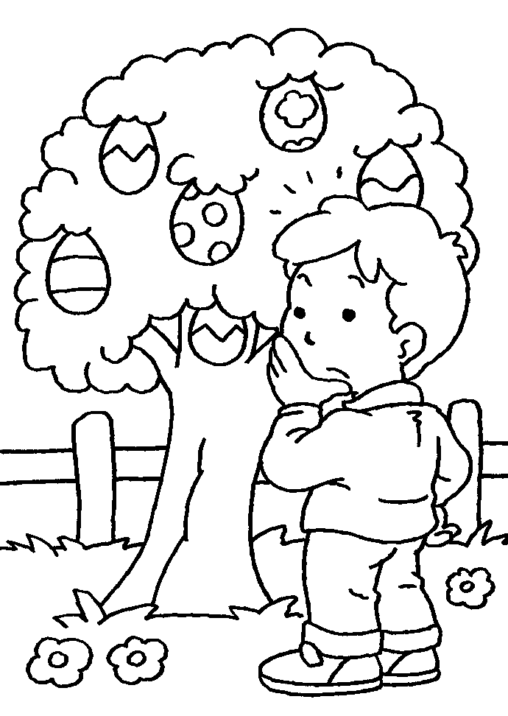 Kolorowanka Wielkanocna dziecko zastanawia się pod drzewkiem, na którym wiszą pisanki