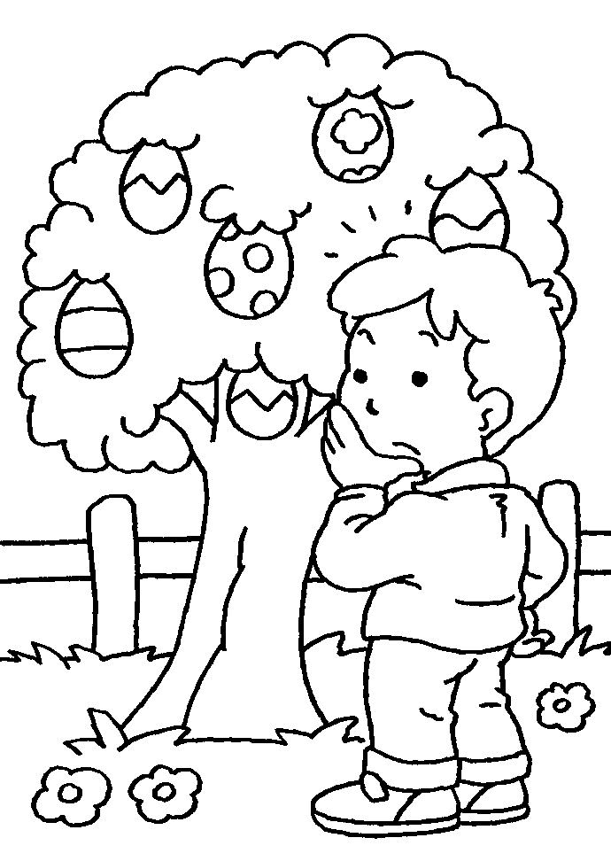 Kolorowanka Wielkanocna dziecko zastanawia się pod drzewkiem, na którym wiszą pisanki