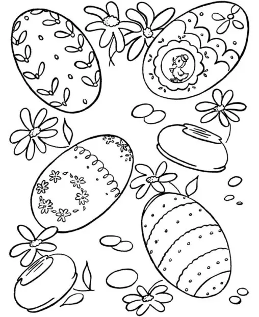 Kolorowanka Wielkanocna kilka pisanek pięknie ozdobionych wiosennymi wzorami leżące wśród kwiatków i kamieni