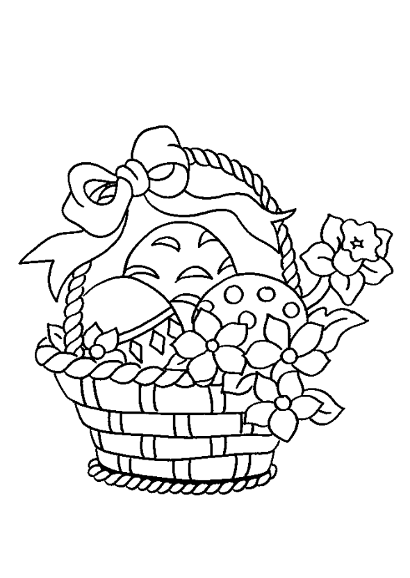 Kolorowanka Wielkanocna - koszyk Wielkanocny wypełniony pisankami i ozdobiony kokardką i kwiatami