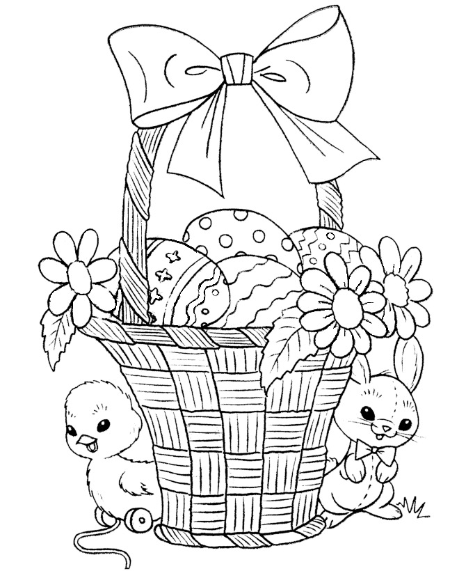 Kolorowanka Wielkanocna koszyk wypełniony pisankami, przy którym stoi kurczak i królik