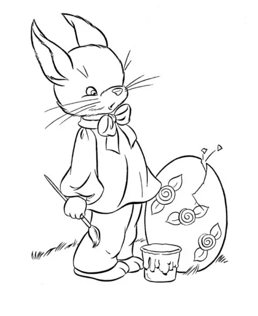 Kolorowanka Wielkanocna królik malujący wielką pisankę pędzlem dziwi się, że jajko pęka