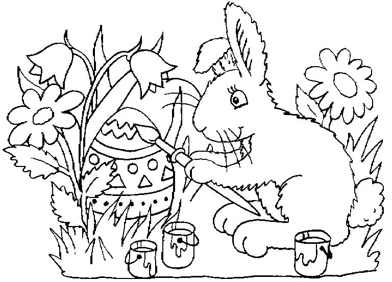 Kolorowanka Wielkanocna królik siedzi wśród traw i kwiatów malując pędzlem i farbami pisankę