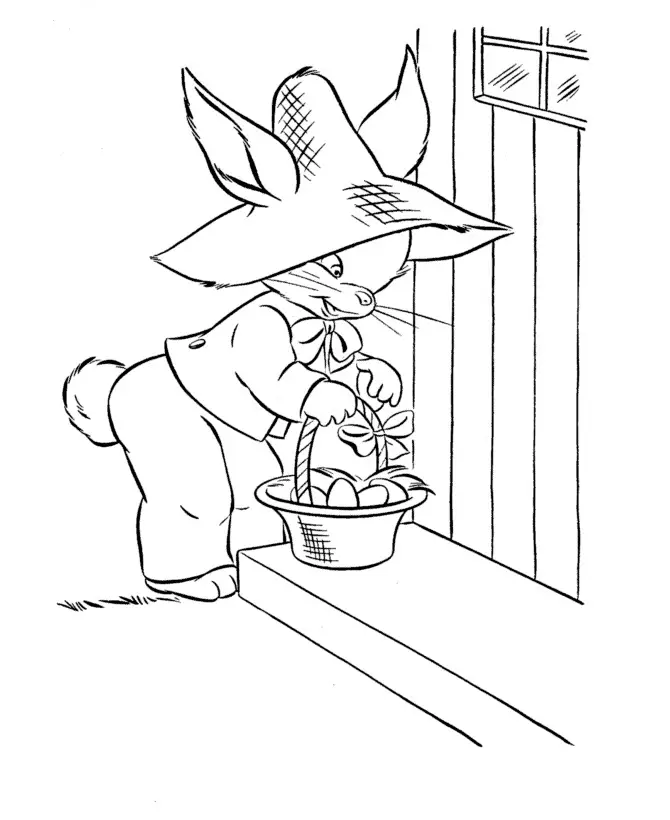 Kolorowanka Wielkanocna królik w kapeluszu słomianym zostawia pod drzwiami w prezencie koszyk pełen pisanek