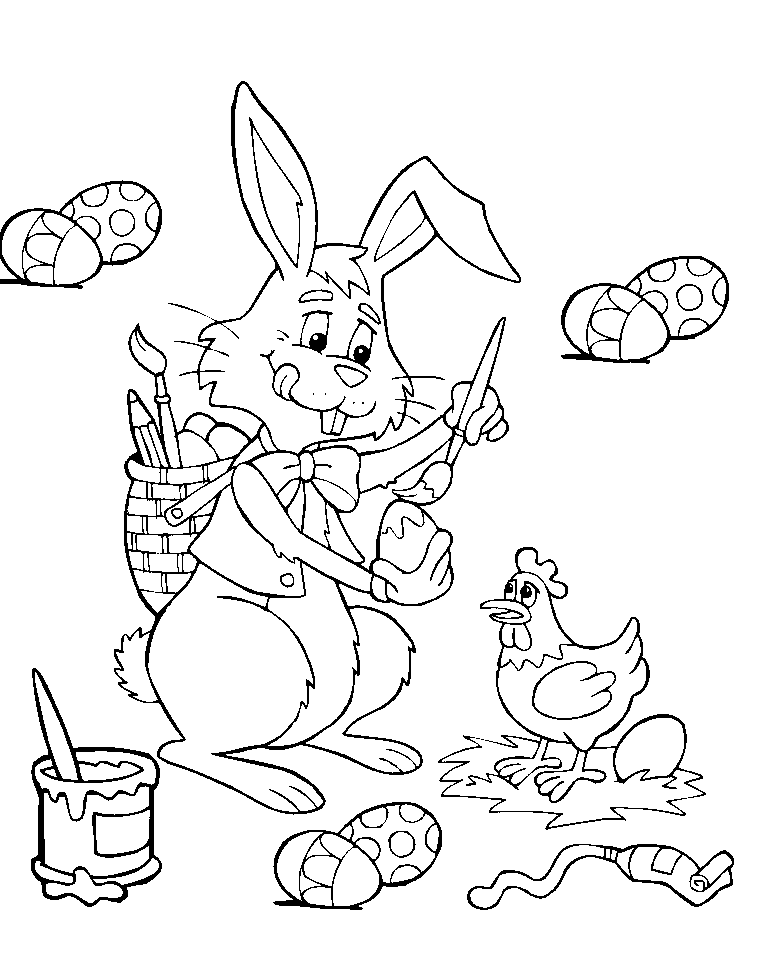 Kolorowanka Wielkanocna królik z plecakiem pełnym pędzli i jajek dokładnie maluje pędzelkiem pisankę, która dała mu stojąca obok kurka