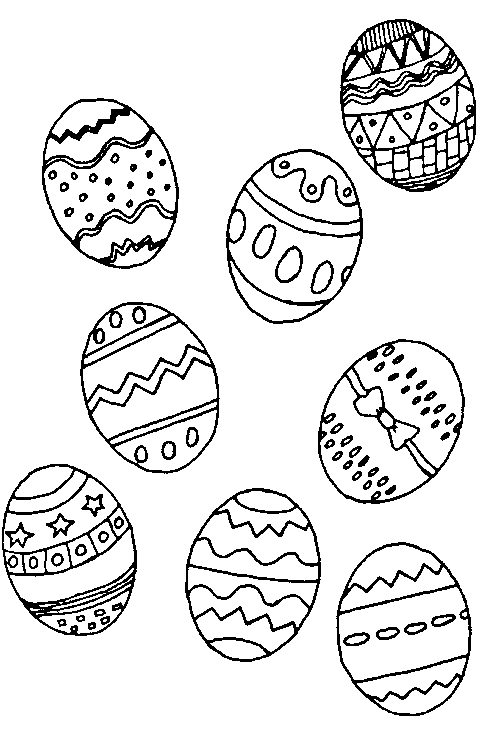 Kolorowanka Wielkanocna osiem pisanek poukładanych obok siebie z różnymi wzorkami