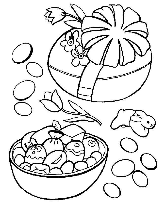 Kolorowanka Wielkanocna wielka pisanka ozdobiona kokardką leży przy misce z innymi pisankami, cukierkami i kwiatkami