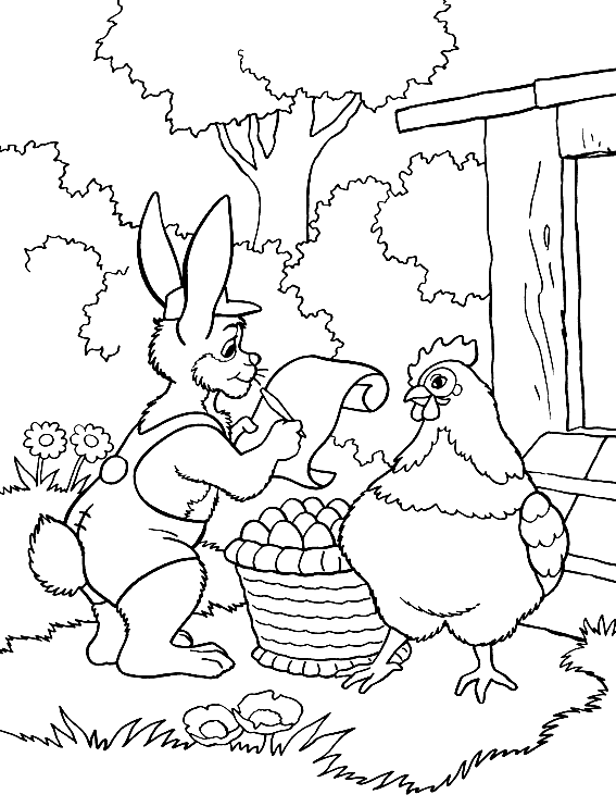 Kolorowanka Wielkanocna zając listonosz odbiera kosz jajek od kury z kurnika stojącego w środku lasu