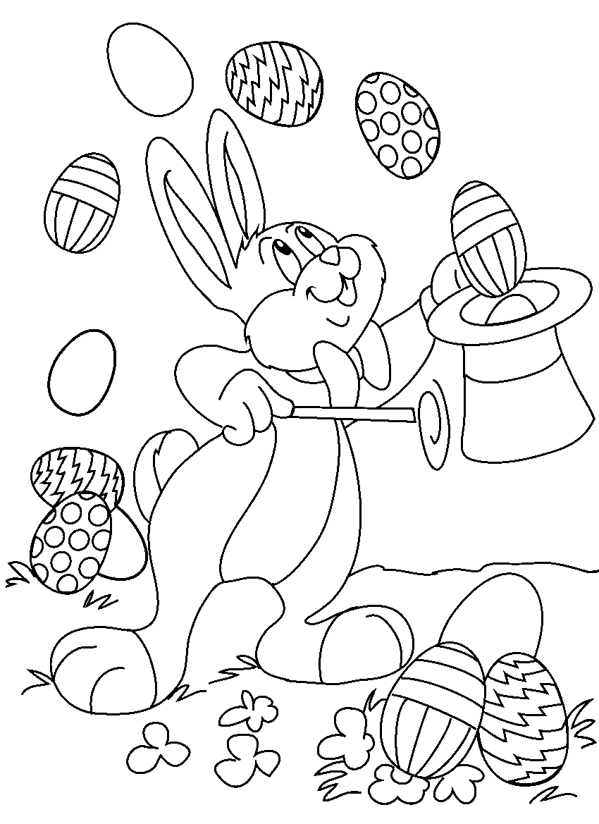 Kolorowanka Wielkanocna zając magik wyrzuca z cylindra - kapelusza kilka pisanek do góry nad sobą stojąc na łące