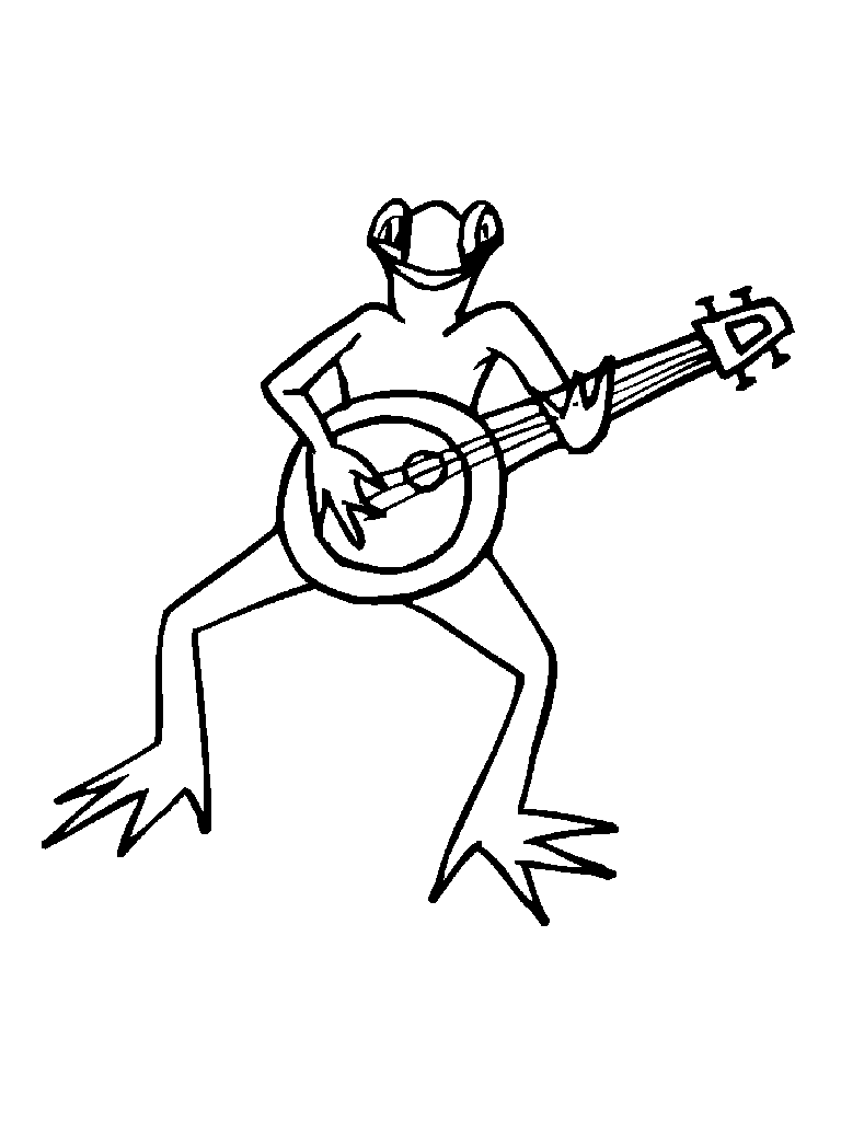 Kolorowanka żaba chuda stoi i gra na banjo - gitarze