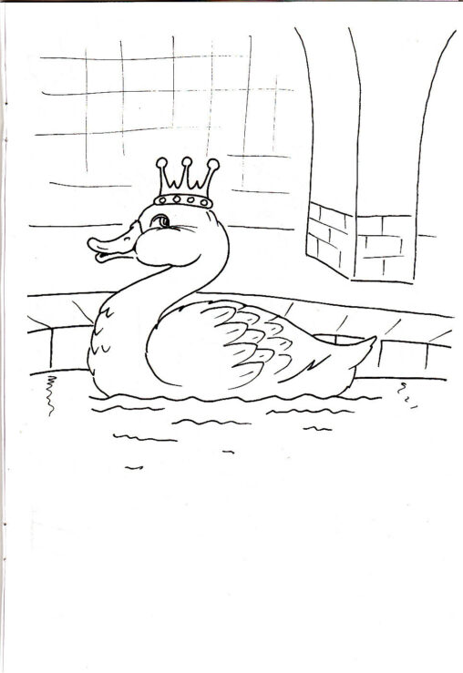 Kolorowanka złota kaczka pływa w podziemiach pałacu z koroną na głowie