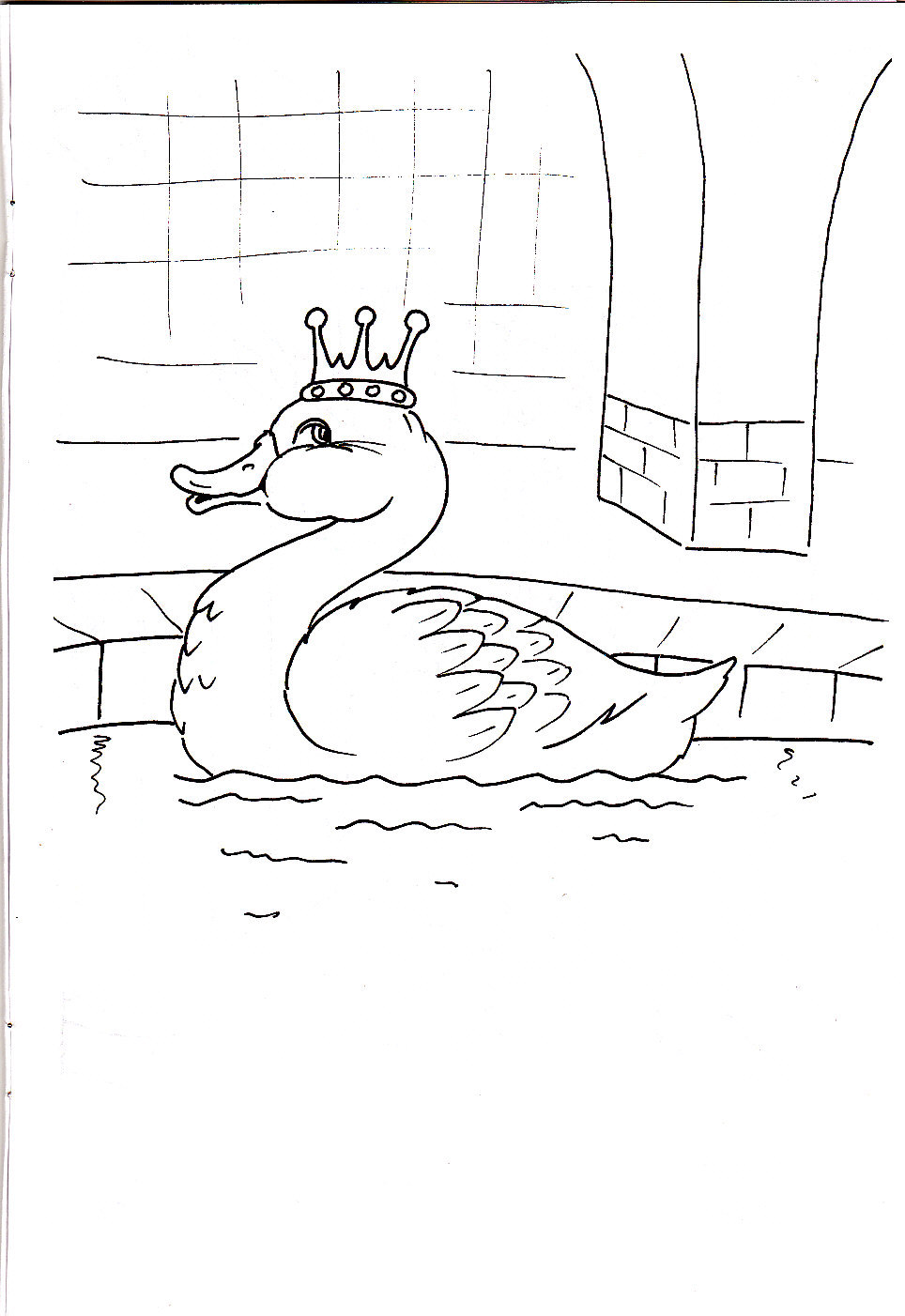 Kolorowanka złota kaczka pływa w podziemiach pałacu z koroną na głowie