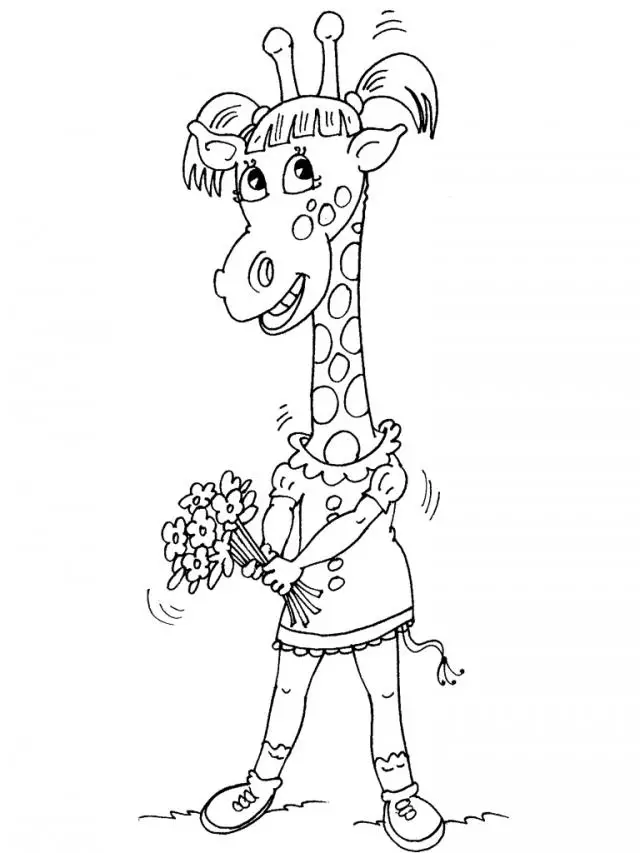 Kolorowanka żyrafa małe dziecko żyrafka dziewczynka stoi na dwóch nogach trzymając w rękach bukiet kwiatów