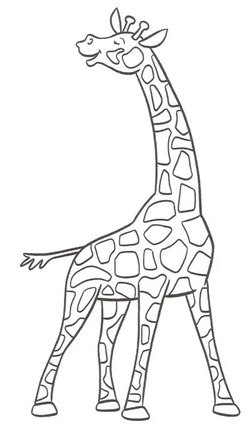 Kolorowanka żyrafa stoi ze skierowaną w bok głową i śpiewa z zamkniętymi oczami