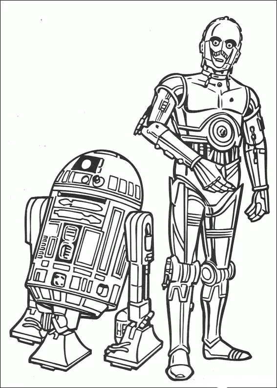 Kolorowanka Star Wars R2D2 stoi obok C-3PO