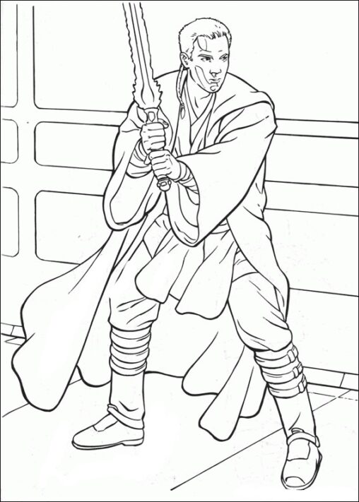 Kolorowanka Star Wars Anakin Skywalker stoi w pelerynie i rozkroku trzymając w rękach miecz świetlny