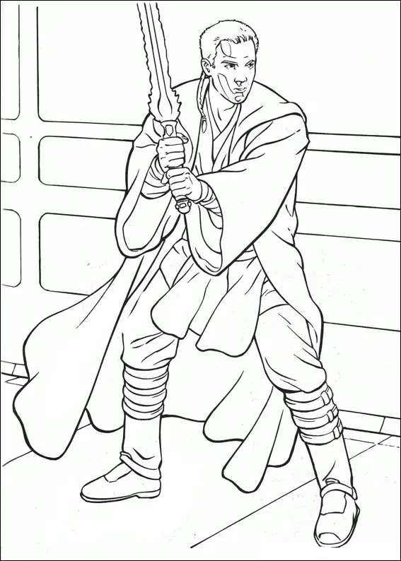 Kolorowanka Star Wars Anakin Skywalker stoi w pelerynie i rozkroku trzymając w rękach miecz świetlny