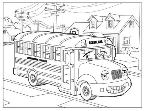 Kolorowanka autobus amerykański szkolny stoi pusty na przedmieściach pod liniami wysokiego napięcia wśród domków jednorodzinnych