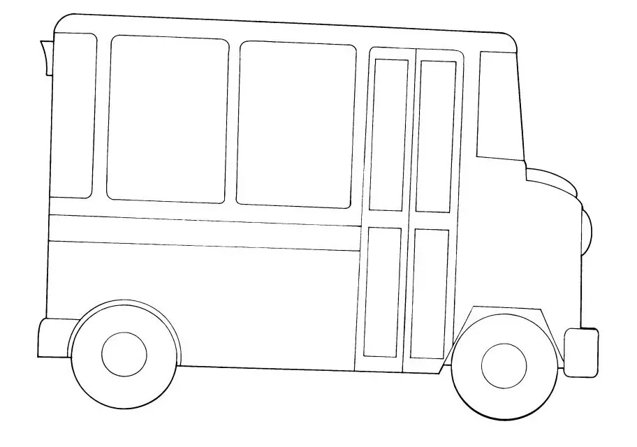 Kolorowanka autobus bardzo prosty z krótką maską rzut od boku łatwy do pokolorowania dla dzieci