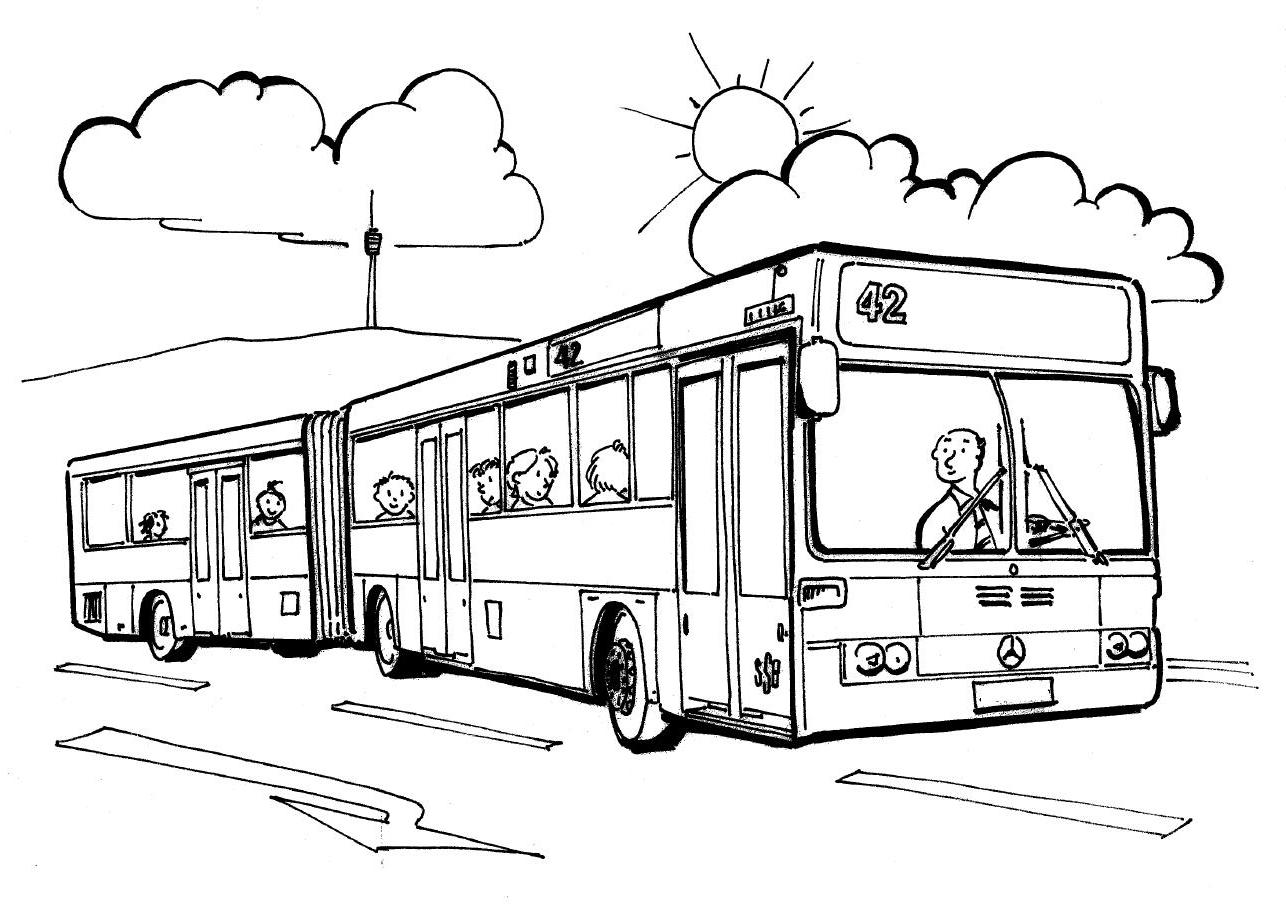 Kolorowanka autobus dwuczęściowy łamany miejski numer 42 wiezie ludzi w piękny słoneczny dzień na trzypasmowej drodze
