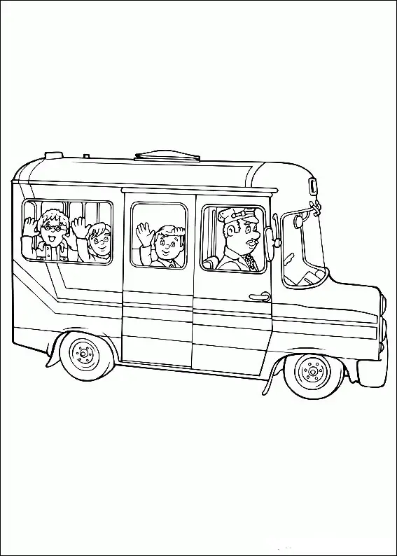 Kolorowanka autobus prowadzony przez kierowcę w czapce i z wąsem wiezie w środku dzieci, które machają przez okno