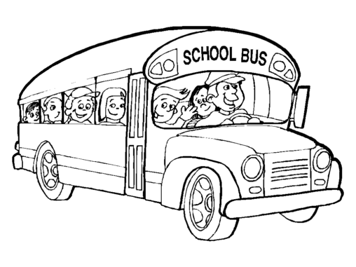 Kolorowanka autobus szkolny amerykański jedzie z dużą grupą dzieci w środku