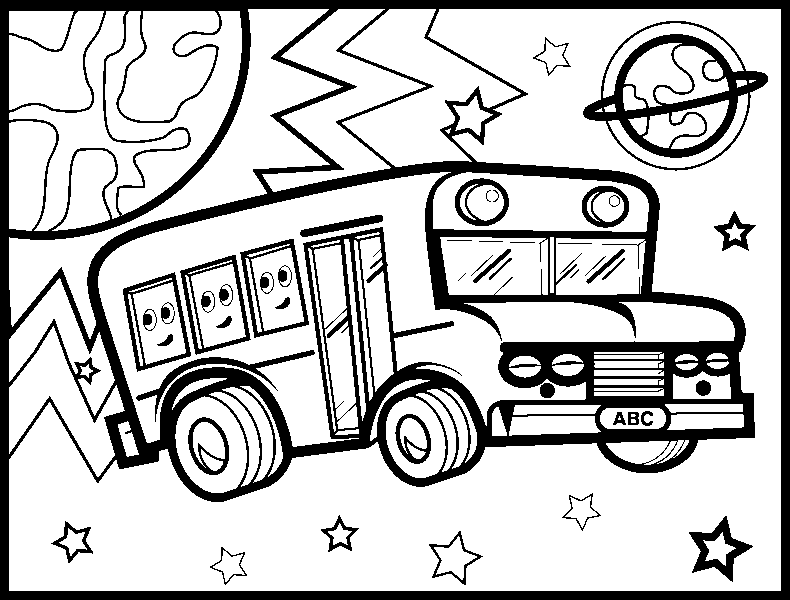 Kolorowanka autobus szkolny amerykański prostokątny z dużymi uśmiechniętymi buziami leci w kosmosie wśród gwiazd i planet, na które mocno świeci Słońce