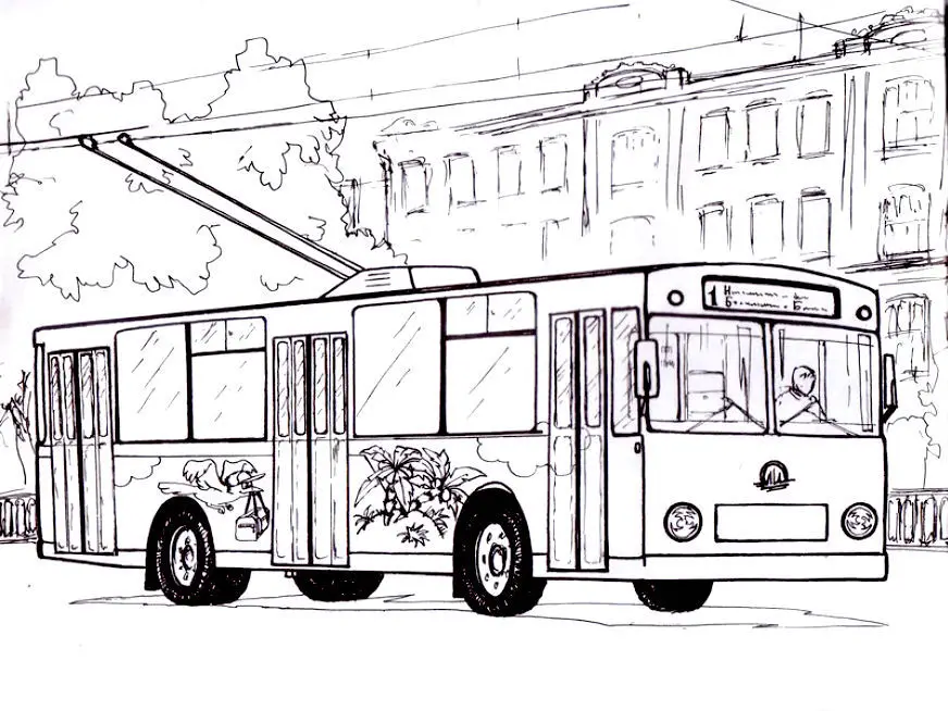 Kolorowanka autobus trolejbus jedzie przez środek miasta podpięty pantografem do sieci energetycznej