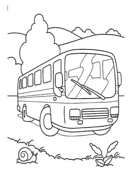 Kolorowanka autobus turystyczny stoi pusty na środku pola wśród pagórków i drzew