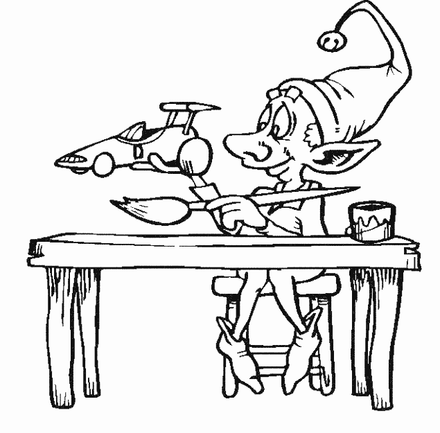 Kolorowanka Boże narodzenie młody elf kończy malować drewniany samochód pędzlem i farbą siedząc na taborecie przy drewnianym stole