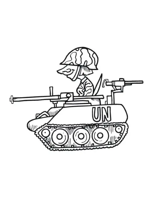 Kolorowanka czołg karykatura żołnierz wystaje z wieżyczki małego czołgu