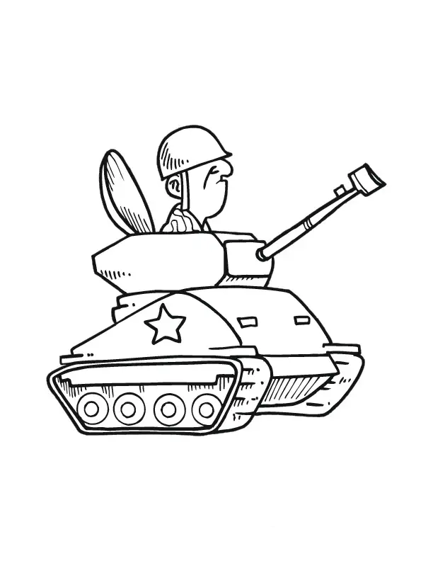 Kolorowanka czołg mały karykaturalny z dużym żołnierzem wychylającym się ze środka i celującym do góry