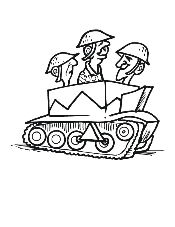 Kolorowanka czołg transporter bez broni wiozący trzech starych żołnierzy w środku