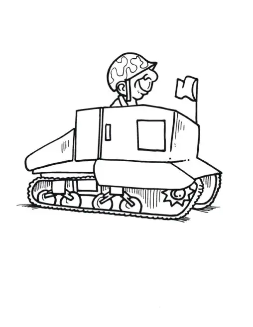 Kolorowanka czołg transporter bez broni z żołnierzem siedzącym w środku przy białej fladze