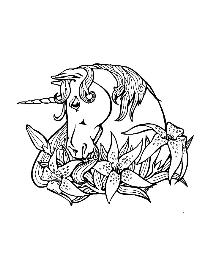Kolorowanka jednorożec popiersie jednorożca który zjada piękne kwiatki na łące