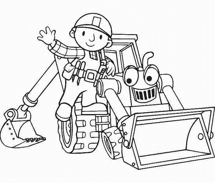 Kolorowanka koparka z bajki Bob budowniczy stoi wraz z machającym Bobem opartym o kabinę uśmiechniętej koparki