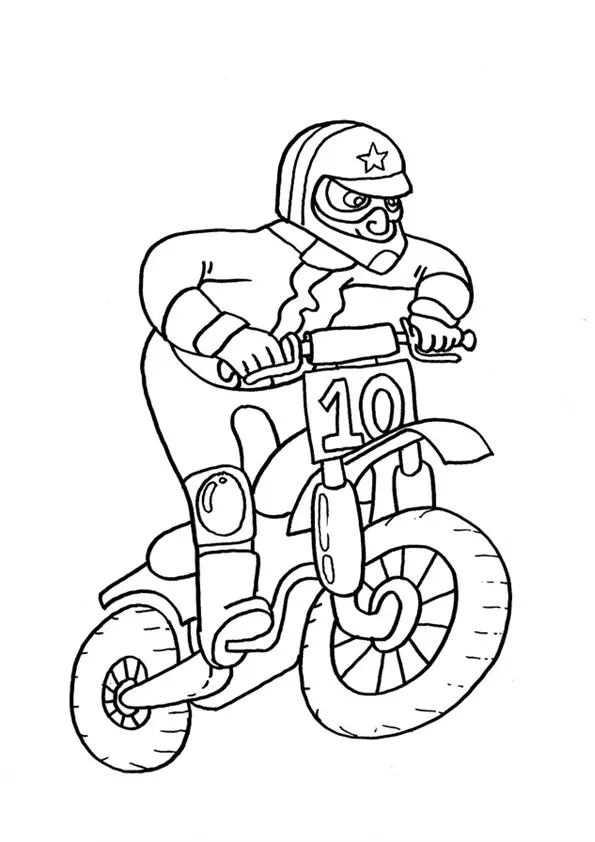 Kolorowanka motor eduro z numerem 10 prowadzony przez motocyklistę w kasku z gwiazdą