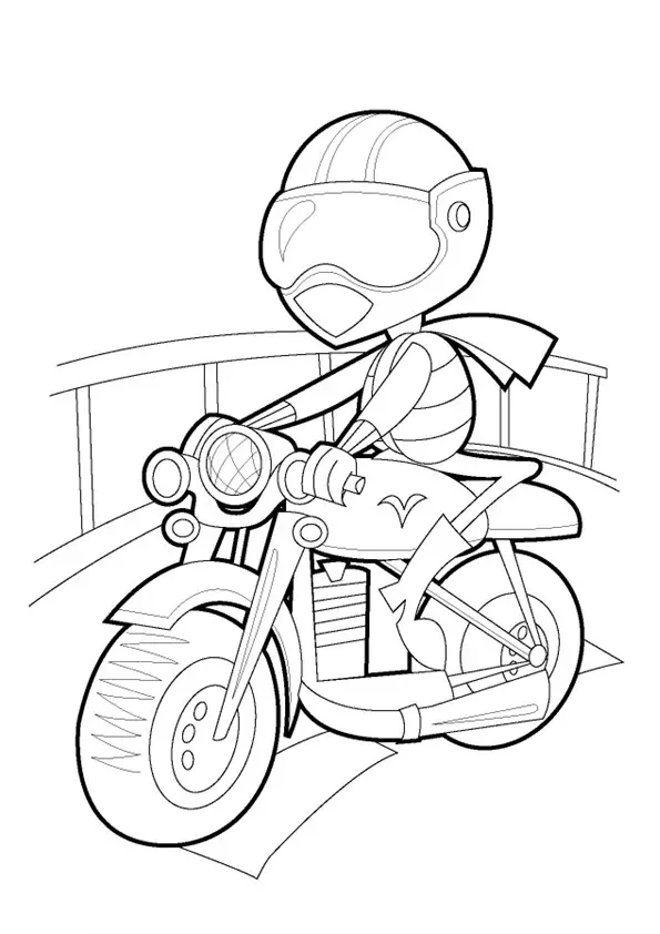 Kolorowanka motor karykatura mały motocykl, na którym siedzi motocyklista z dużą głową i pełnym kaskiem