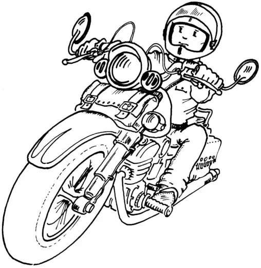 Kolorowanka motor klasyczny szybko jedzie z motocyklistą z otwartą szybą w kasku
