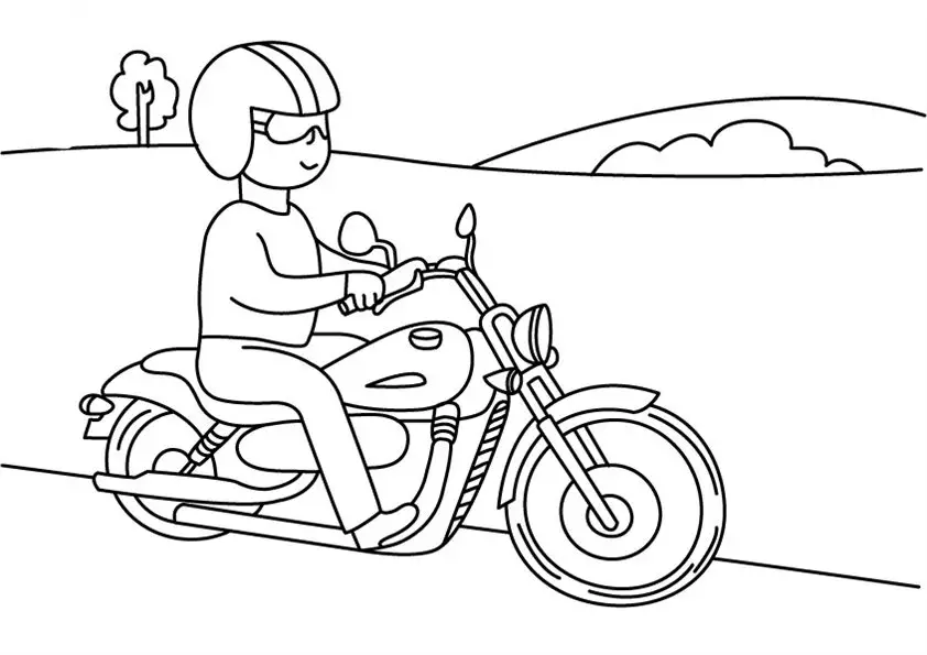 Kolorowanka motor mały chopper naked prowadzony przez motocyklistę przez górki i pola
