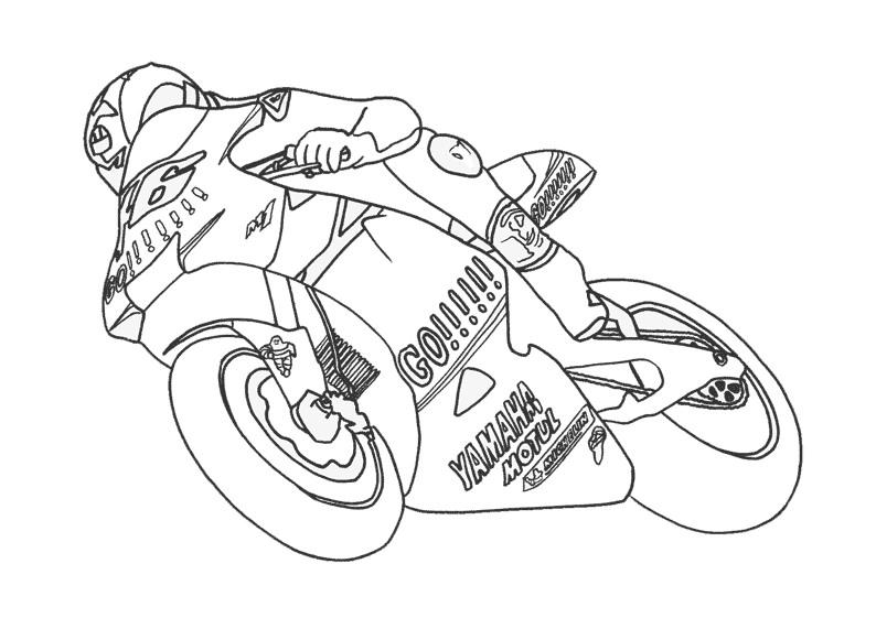Kolorowanka motor wyścigowy jedzie szybko na torze skręcając z motocyklistą w kasku i stroju