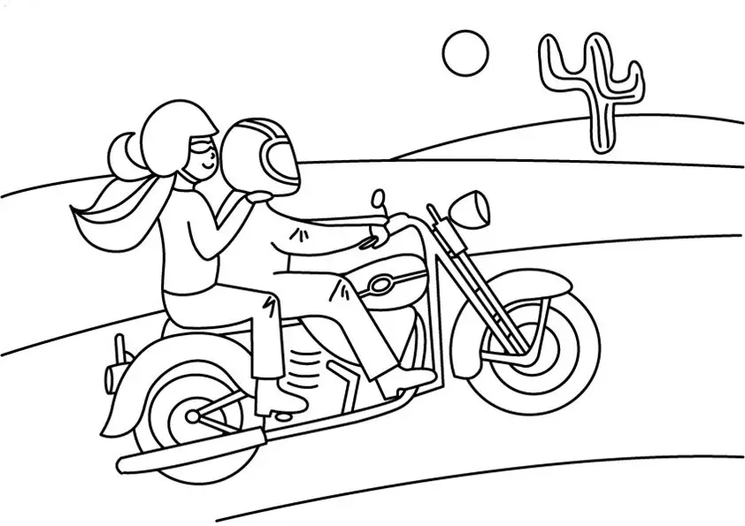 Kolorowanka motor z motocyklistą, za którym siedzi pasażerka z długimi włosami jadą przez pustynię