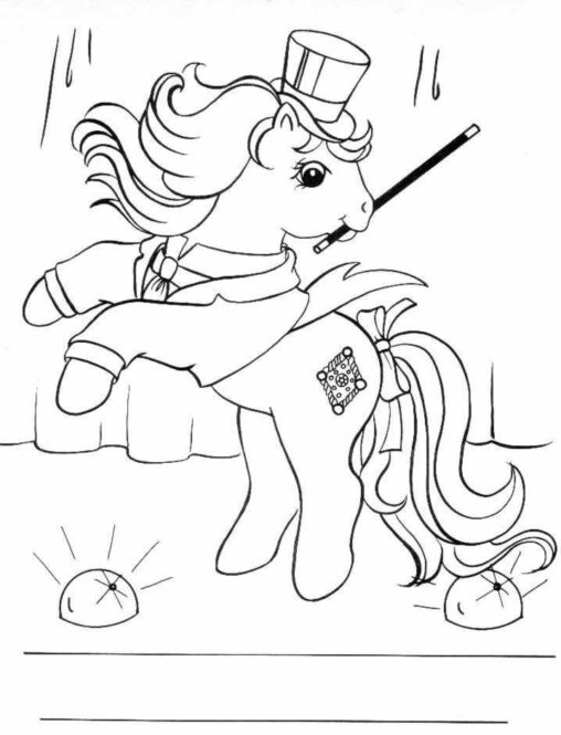 Kolorowanka My Little Pony kucyk w stroju magika trzyma pałeczkę w buzi i stoi na dwóch nogach