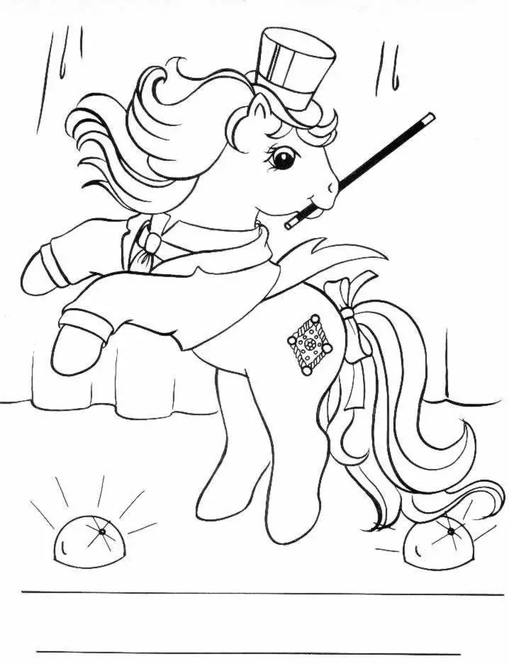 Kolorowanka My Little Pony kucyk w stroju magika trzyma pałeczkę w buzi i stoi na dwóch nogach