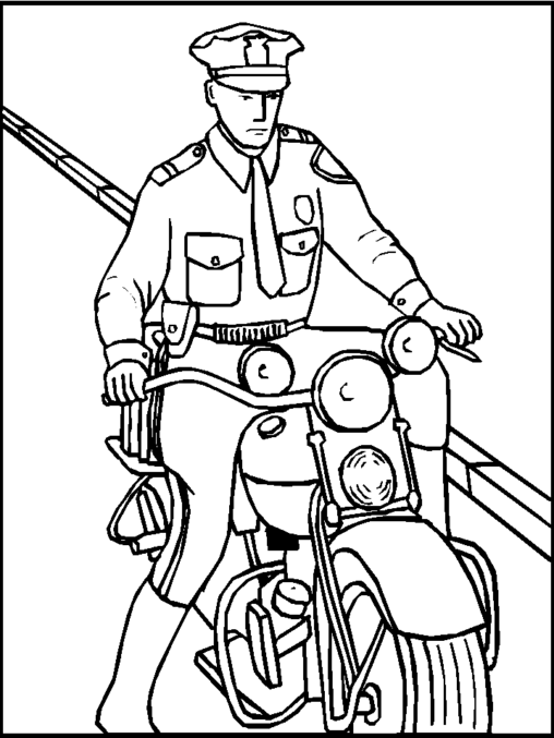 Kolorowanka policyjna policjant siedzi na motorze w mundurze na środku ulicy