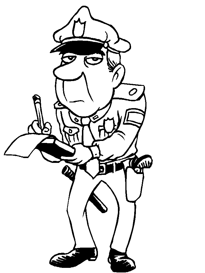 Kolorowanka policyjna stary policjant w mundurze i z pistoletem w kaburze robi notatkę służbową z ponurą miną